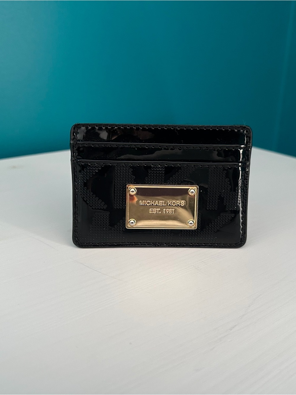 Michael Kors Black Patent Card Case with Gold Plate